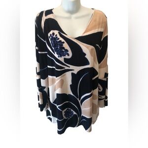 Chico’s Travelers Floral Slinky Knit Top 2/L Long Full Sleeve Black Navy Tan